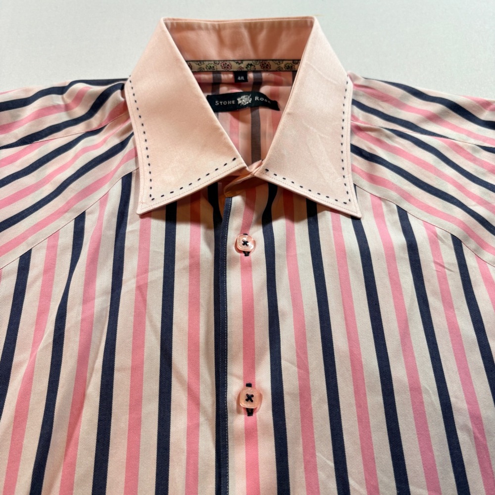 Stone Rose Button Down Shirt Mens 4/L Pink Navy Stripe Cotton Long Sleeve Dress